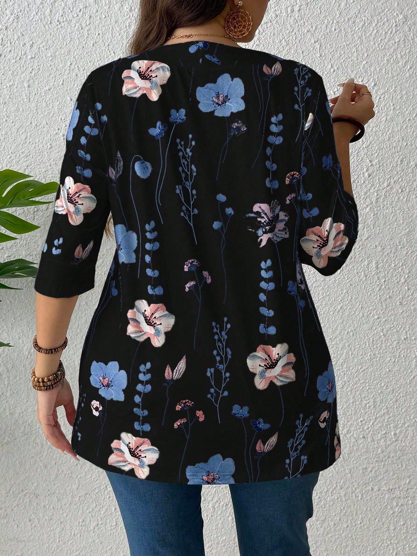 EMERY ROSE Summer Women's Floral Leaf Printed Patchwork 2 In 1 T-Shirt Graphic Tees Women Tops Spring To Summer Plus Size Smart Casual Plus Size