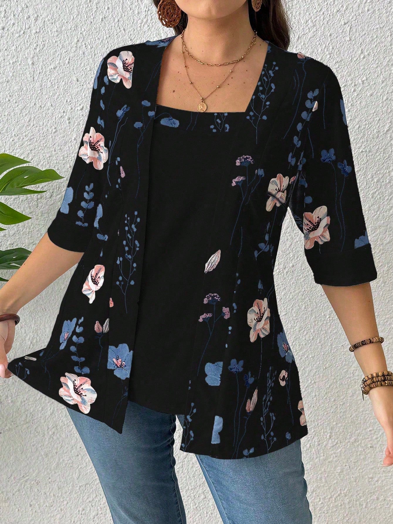 EMERY ROSE Summer Women's Floral Leaf Printed Patchwork 2 In 1 T-Shirt Graphic Tees Women Tops Spring To Summer Plus Size Smart Casual Plus Size