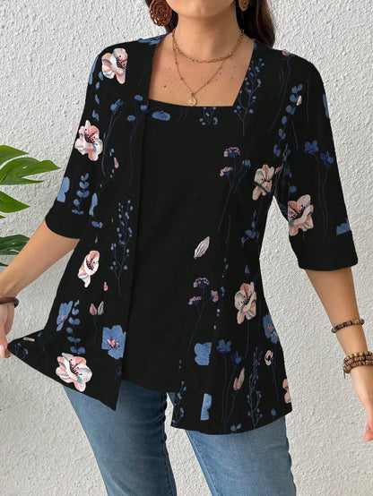 EMERY ROSE Summer Women's Floral Leaf Printed Patchwork 2 In 1 T-Shirt Graphic Tees Women Tops Spring To Summer Plus Size Smart Casual Plus Size