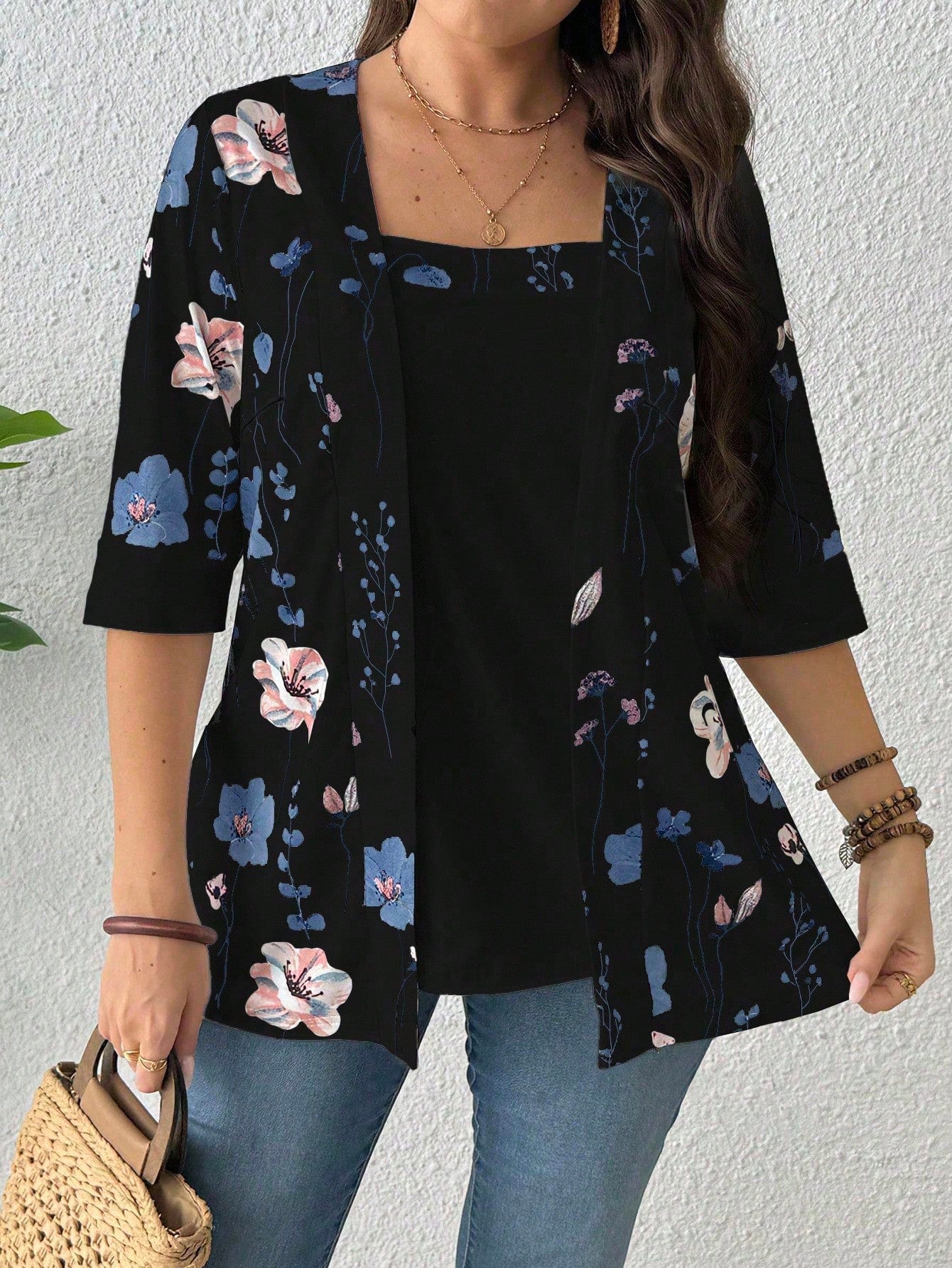 EMERY ROSE Summer Women's Floral Leaf Printed Patchwork 2 In 1 T-Shirt Graphic Tees Women Tops Spring To Summer Plus Size Smart Casual Plus Size