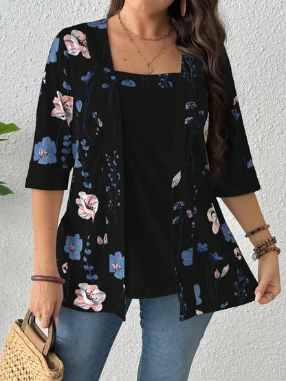 EMERY ROSE Summer Women's Floral Leaf Printed Patchwork 2 In 1 T-Shirt Graphic Tees Women Tops Spring To Summer Plus Size Smart Casual Plus Size
