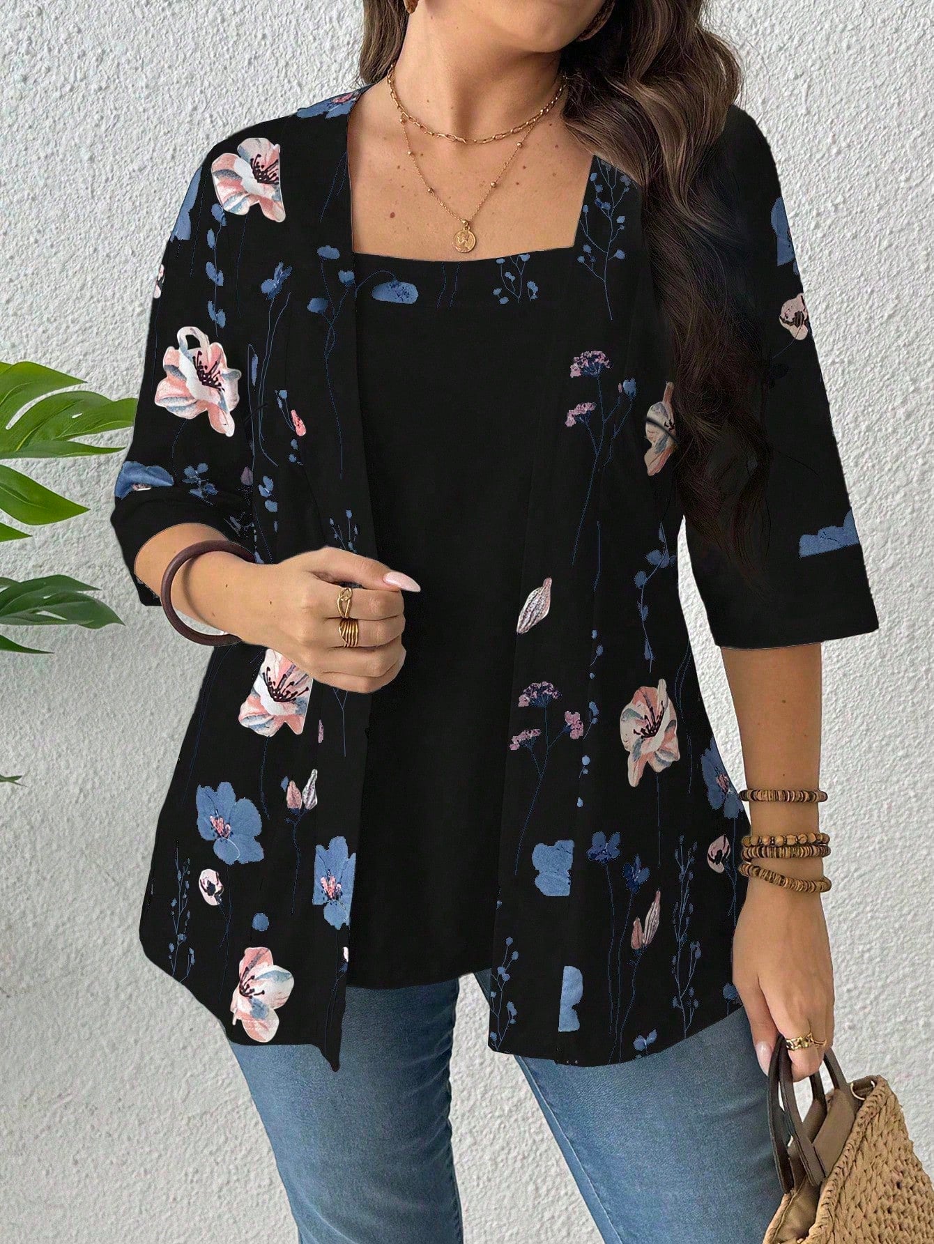 EMERY ROSE Summer Women's Floral Leaf Printed Patchwork 2 In 1 T-Shirt Graphic Tees Women Tops Spring To Summer Plus Size Smart Casual Plus Size