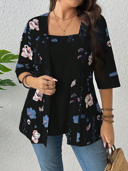 EMERY ROSE Summer Women's Floral Leaf Printed Patchwork 2 In 1 T-Shirt Graphic Tees Women Tops Spring To Summer Plus Size Smart Casual Plus Size