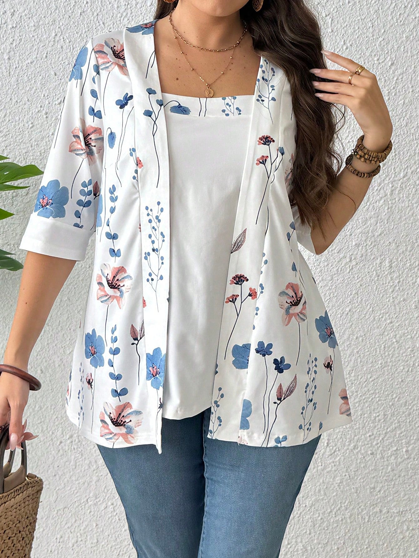 EMERY ROSE Summer Women's Floral Leaf Printed Patchwork 2 In 1 T-Shirt Graphic Tees Women Tops Spring To Summer Plus Size Smart Casual Plus Size