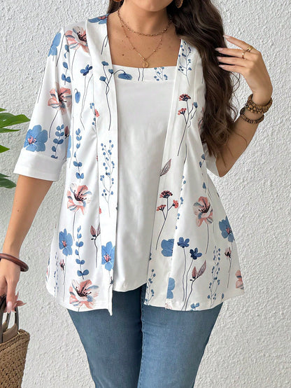 EMERY ROSE Summer Women's Floral Leaf Printed Patchwork 2 In 1 T-Shirt Graphic Tees Women Tops Spring To Summer Plus Size Smart Casual Plus Size