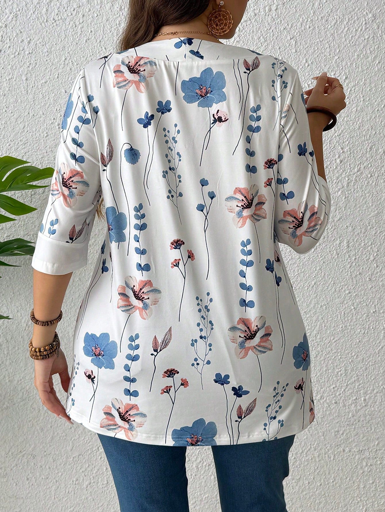 EMERY ROSE Summer Women's Floral Leaf Printed Patchwork 2 In 1 T-Shirt Graphic Tees Women Tops Spring To Summer Plus Size Smart Casual Plus Size