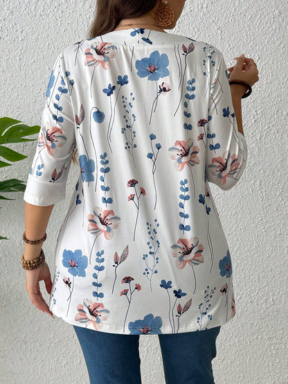 EMERY ROSE Summer Women's Floral Leaf Printed Patchwork 2 In 1 T-Shirt Graphic Tees Women Tops Spring To Summer Plus Size Smart Casual Plus Size