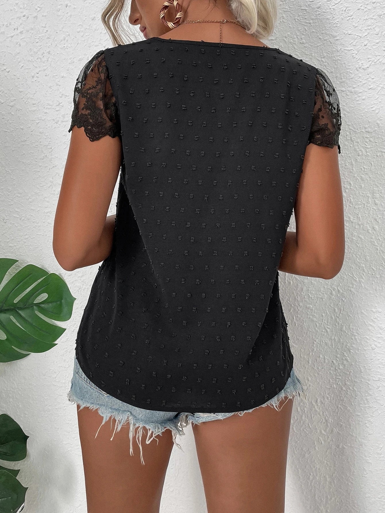 EMERY ROSE Swiss Dot Guipure Lace Detail Contrast Embroidered Mesh Blouse