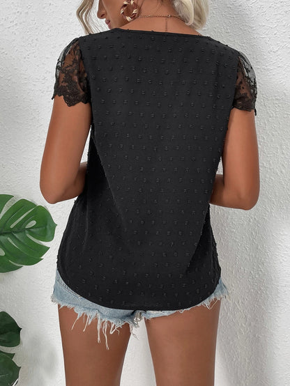 EMERY ROSE Swiss Dot Guipure Lace Detail Contrast Embroidered Mesh Blouse