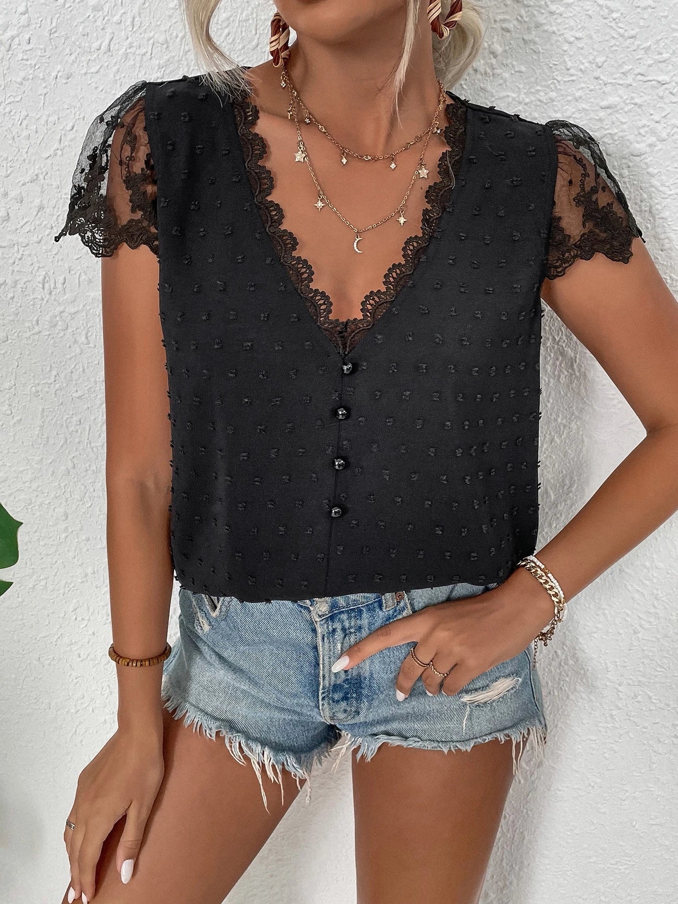 EMERY ROSE Swiss Dot Guipure Lace Detail Contrast Embroidered Mesh Blouse