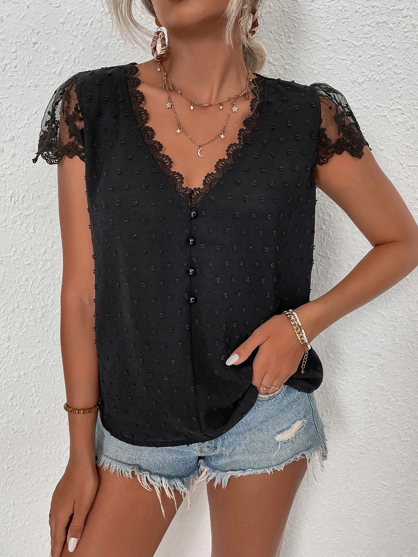 EMERY ROSE Swiss Dot Guipure Lace Detail Contrast Embroidered Mesh Blouse