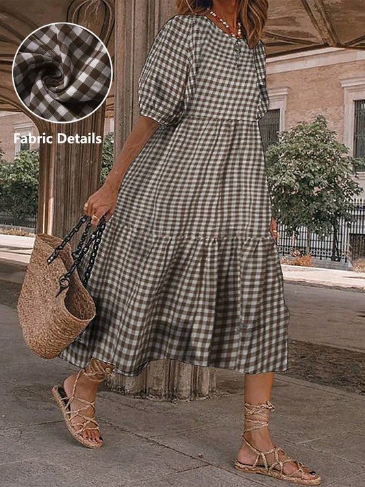 EMERY ROSE Women Fashion Plaid Round Neck Short Sleeve Puff Sleeve Ruffle Trim Elegant Dress Maxi Vacation Beach Outfit