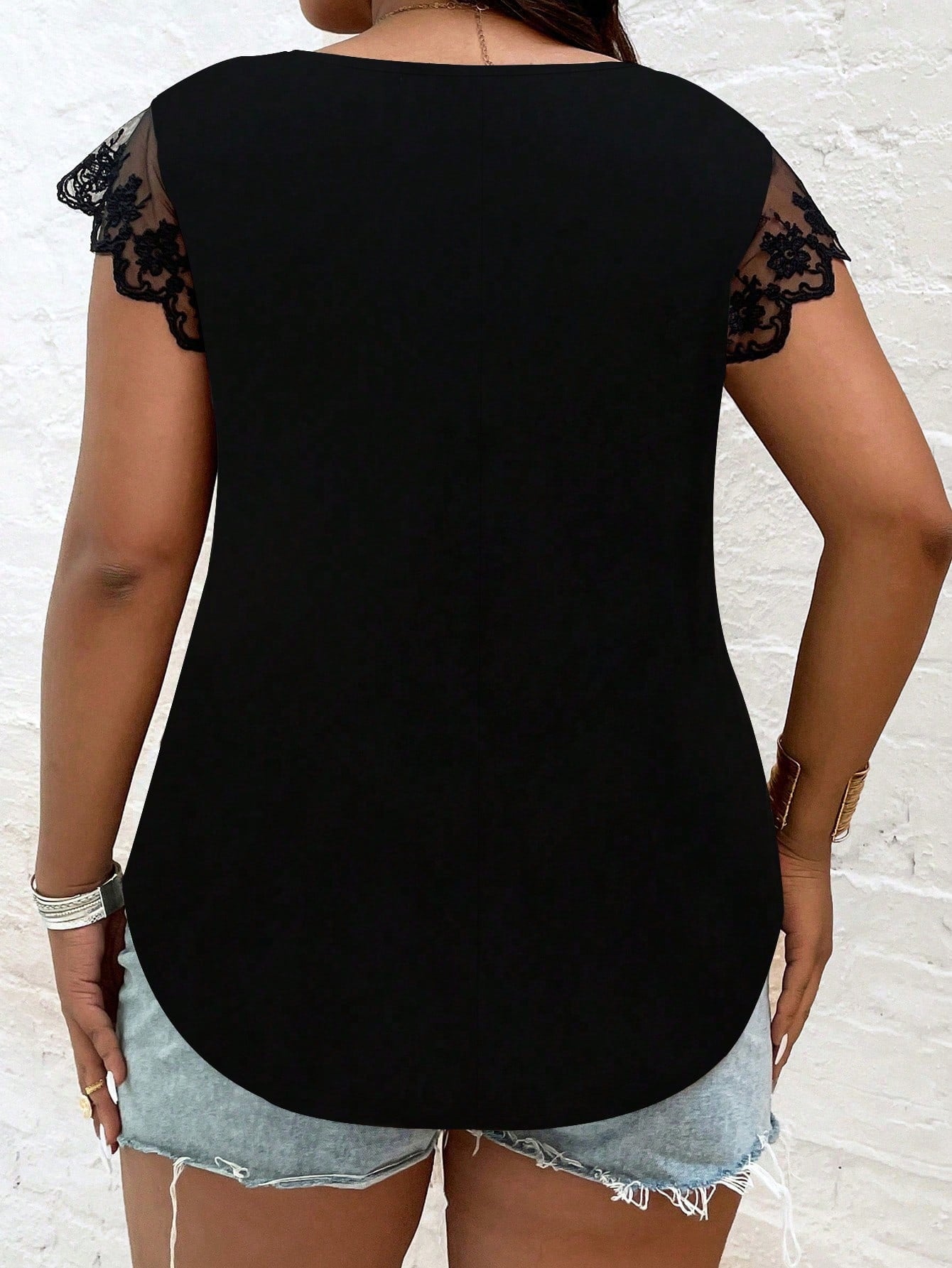 EMERY ROSE Women Plus Size Floral Lace Collar Splicing Short Sleeve Top, Versatile