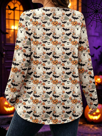 EMERY ROSE Women's Plus Size Beige Halloween Cute Ghost/Bat/Pumpkin Print Round Neck Long-Sleeve T-Shirt, Comfo Fall