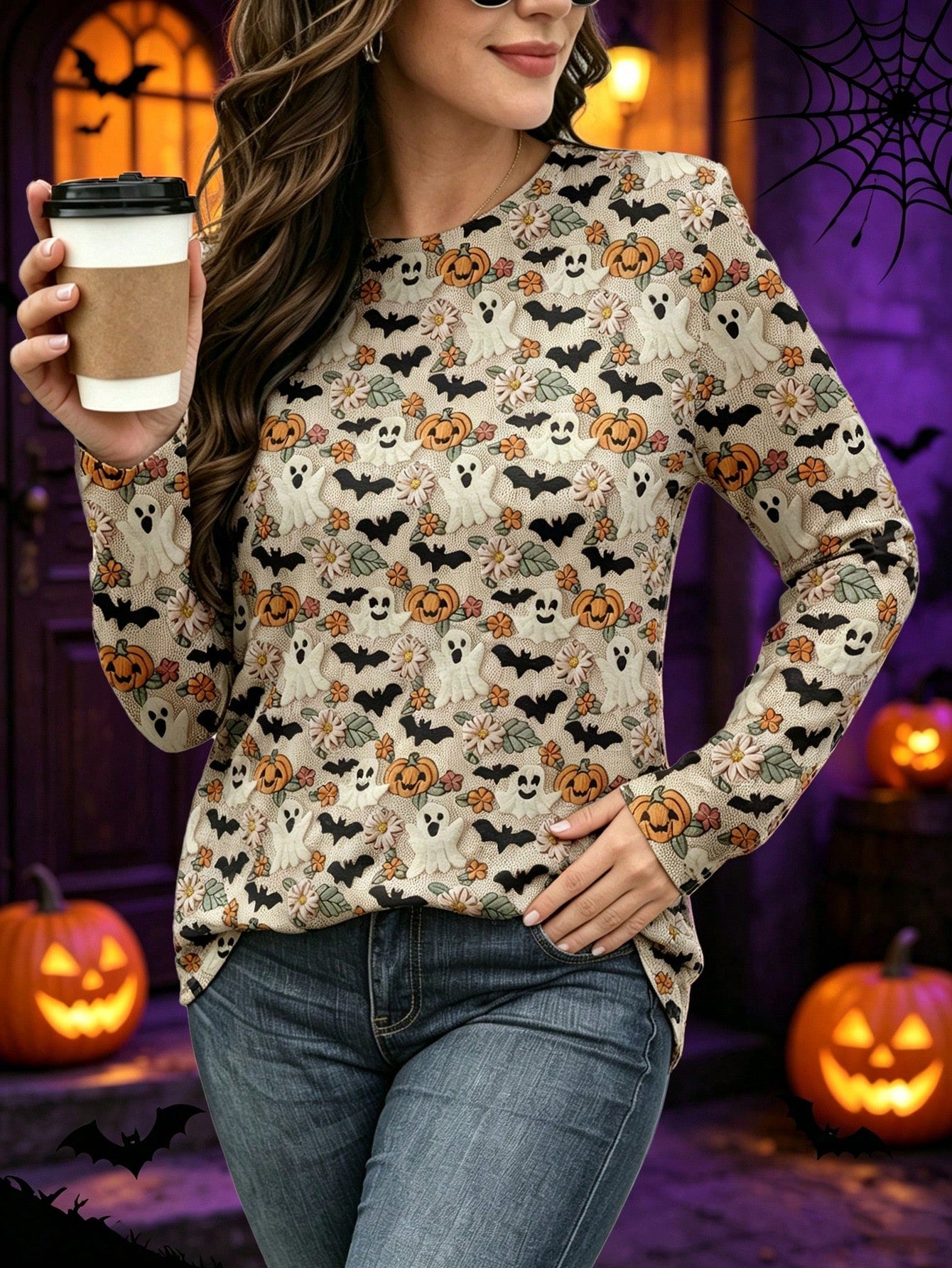 EMERY ROSE Women's Plus Size Beige Halloween Cute Ghost/Bat/Pumpkin Print Round Neck Long-Sleeve T-Shirt, Comfo Fall