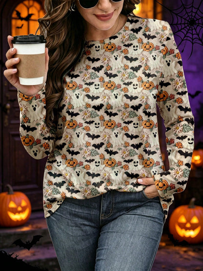 EMERY ROSE Women's Plus Size Beige Halloween Cute Ghost/Bat/Pumpkin Print Round Neck Long-Sleeve T-Shirt, Comfo Fall