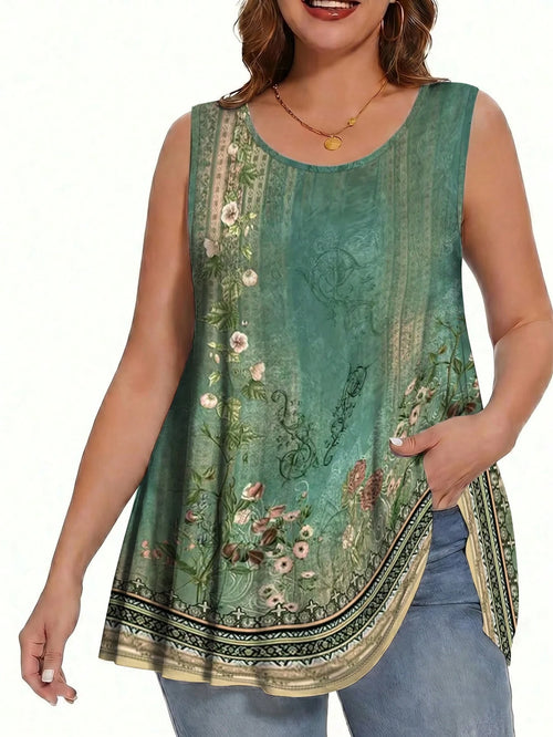 EMERY ROSE Women's Plus-Size Summer Bohemian Style Beachwear, Green Floral Printed Top, Suitable For Music Fest