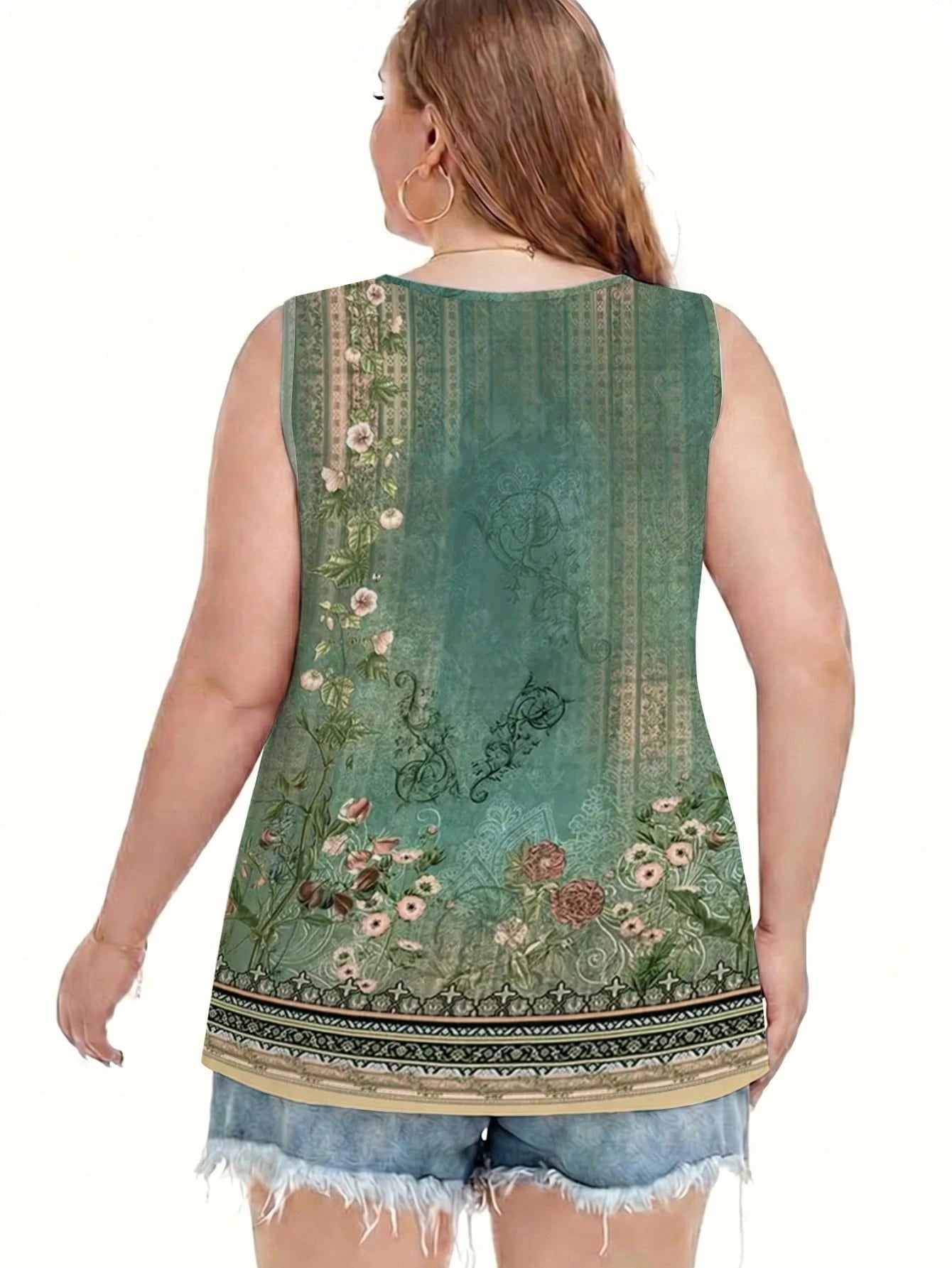 EMERY ROSE Women's Plus-Size Summer Bohemian Style Beachwear, Green Floral Printed Top, Suitable For Music Fest