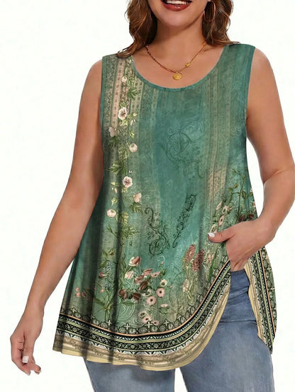 EMERY ROSE Women's Plus-Size Summer Bohemian Style Beachwear, Green Floral Printed Top, Suitable For Music Fest