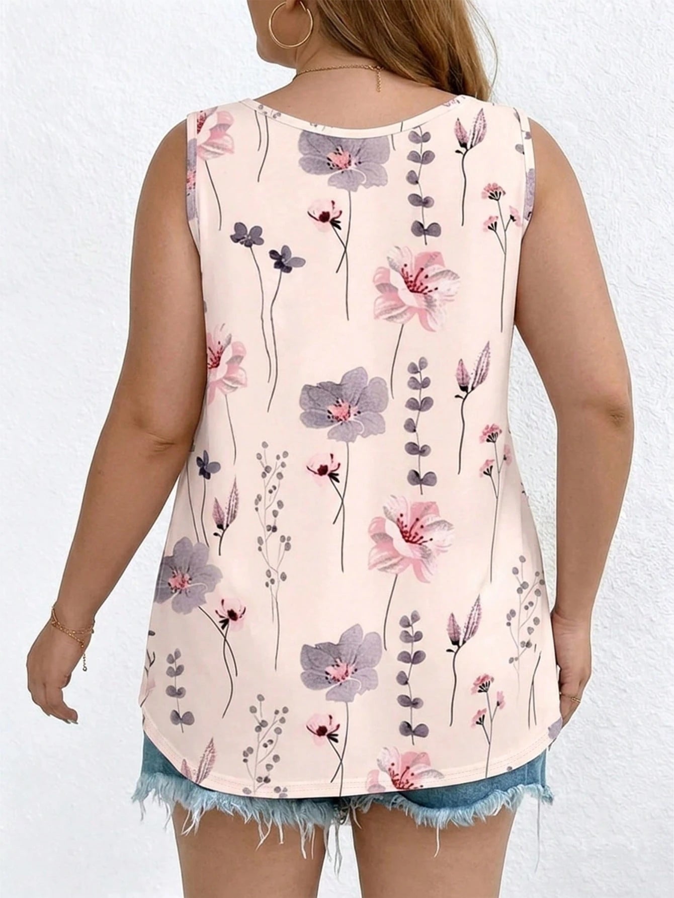 EMERY ROSE Women's Plus-Size Summer Bohemian Style Beachwear, Green Floral Printed Top, Suitable For Music Fest