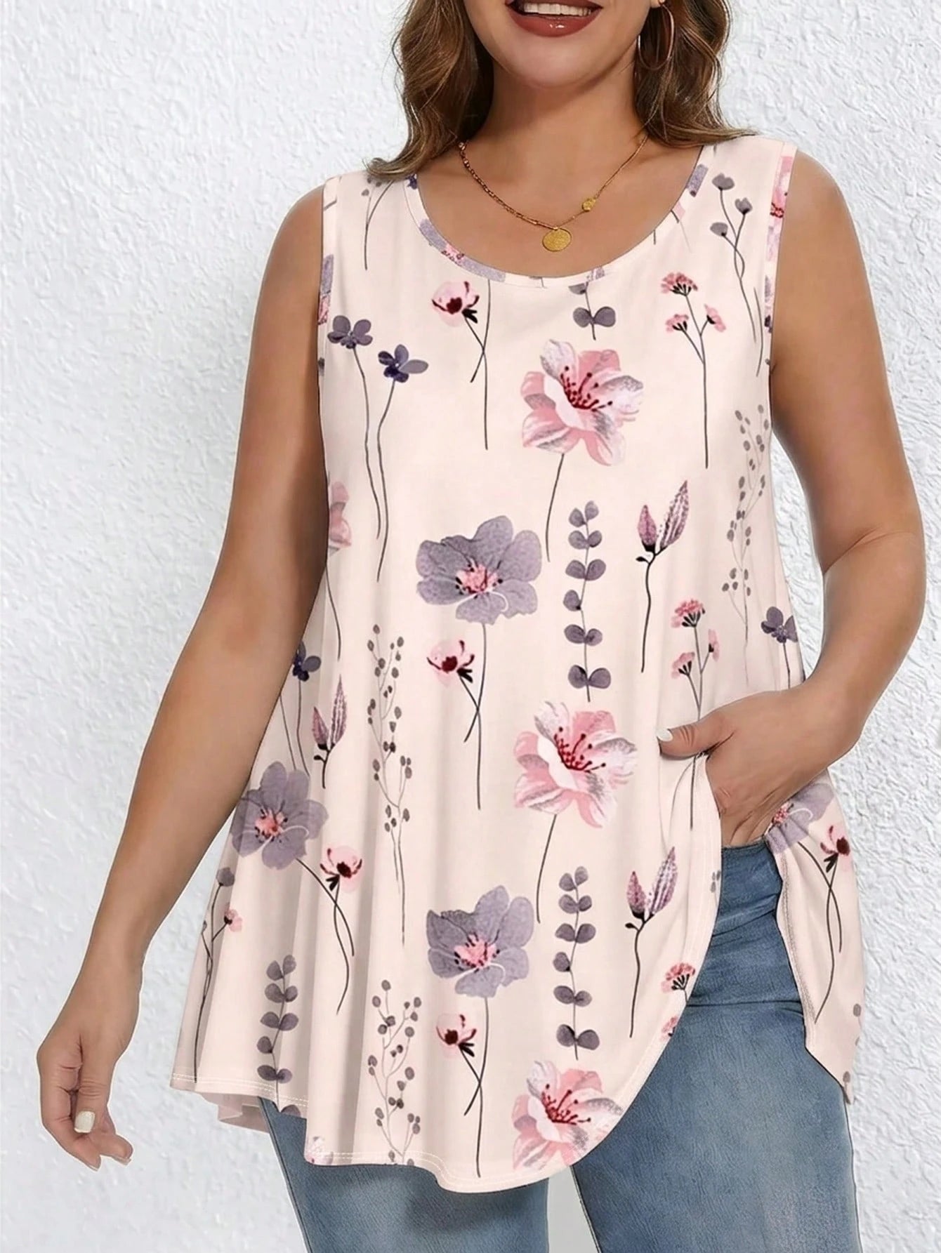 EMERY ROSE Women's Plus-Size Summer Bohemian Style Beachwear, Green Floral Printed Top, Suitable For Music Fest