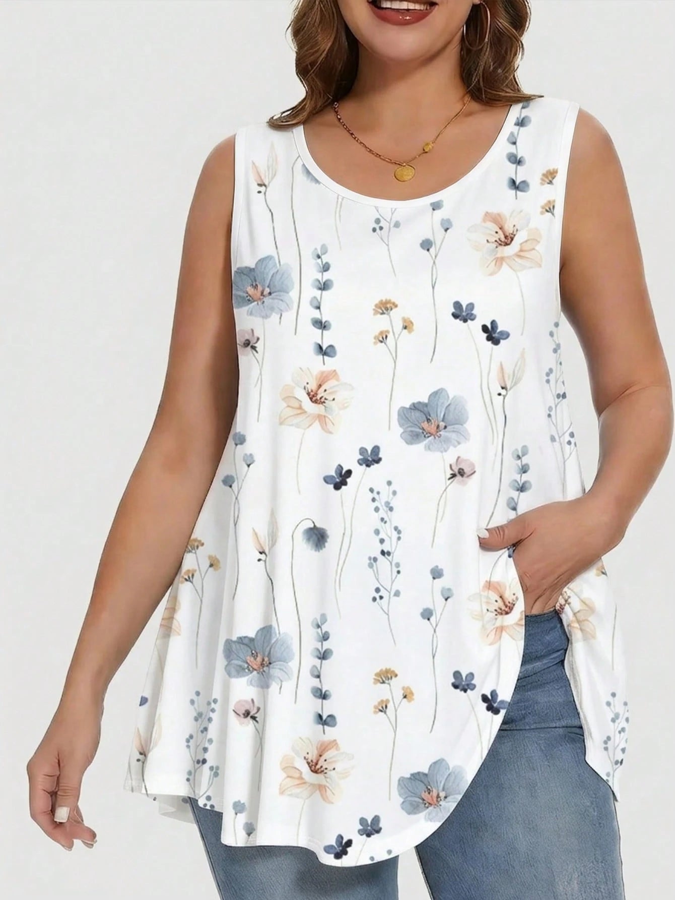 EMERY ROSE Women's Plus-Size Summer Bohemian Style Beachwear, Green Floral Printed Top, Suitable For Music Fest