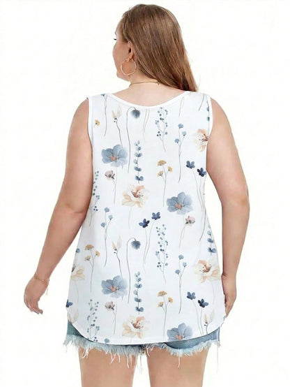 EMERY ROSE Women's Plus-Size Summer Bohemian Style Beachwear, Green Floral Printed Top, Suitable For Music Fest