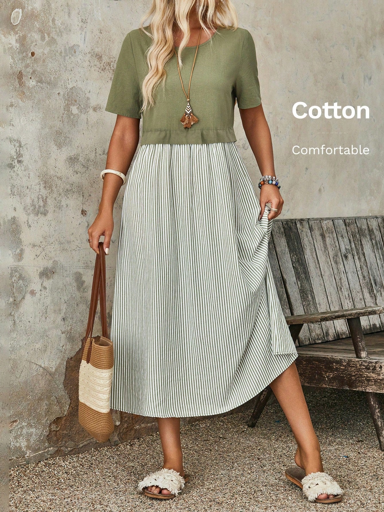 EMERY ROSE Women's Summer Stripe Round Neck Short Sleeve Casual Mid-Calf Dress