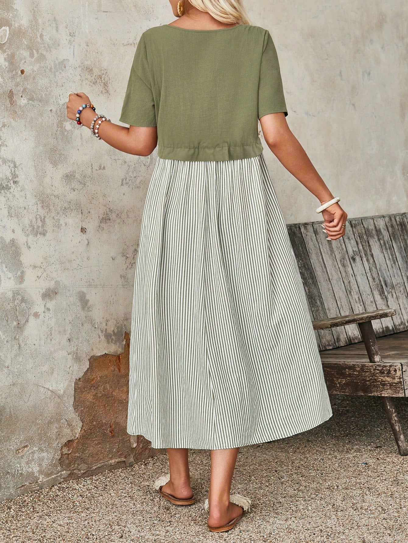 EMERY ROSE Women's Summer Stripe Round Neck Short Sleeve Casual Mid-Calf Dress