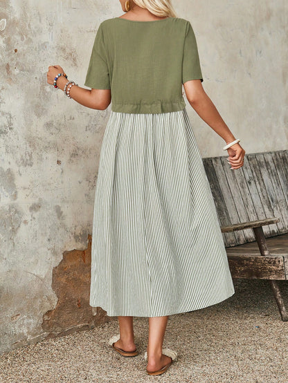 EMERY ROSE Women's Summer Stripe Round Neck Short Sleeve Casual Mid-Calf Dress