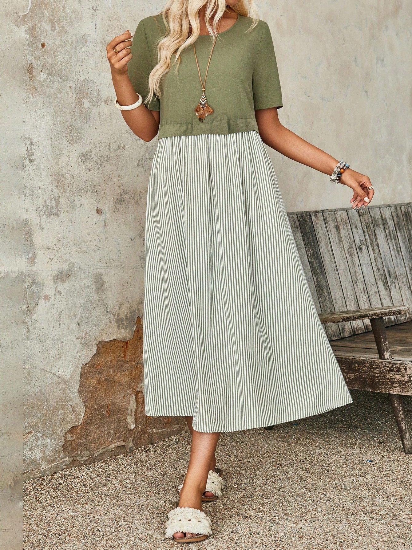 EMERY ROSE Women's Summer Stripe Round Neck Short Sleeve Casual Mid-Calf Dress