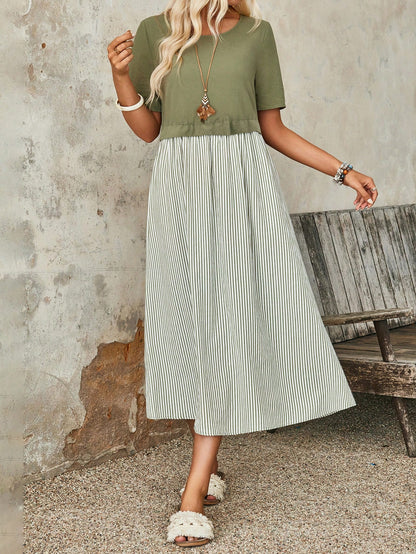 EMERY ROSE Women's Summer Stripe Round Neck Short Sleeve Casual Mid-Calf Dress