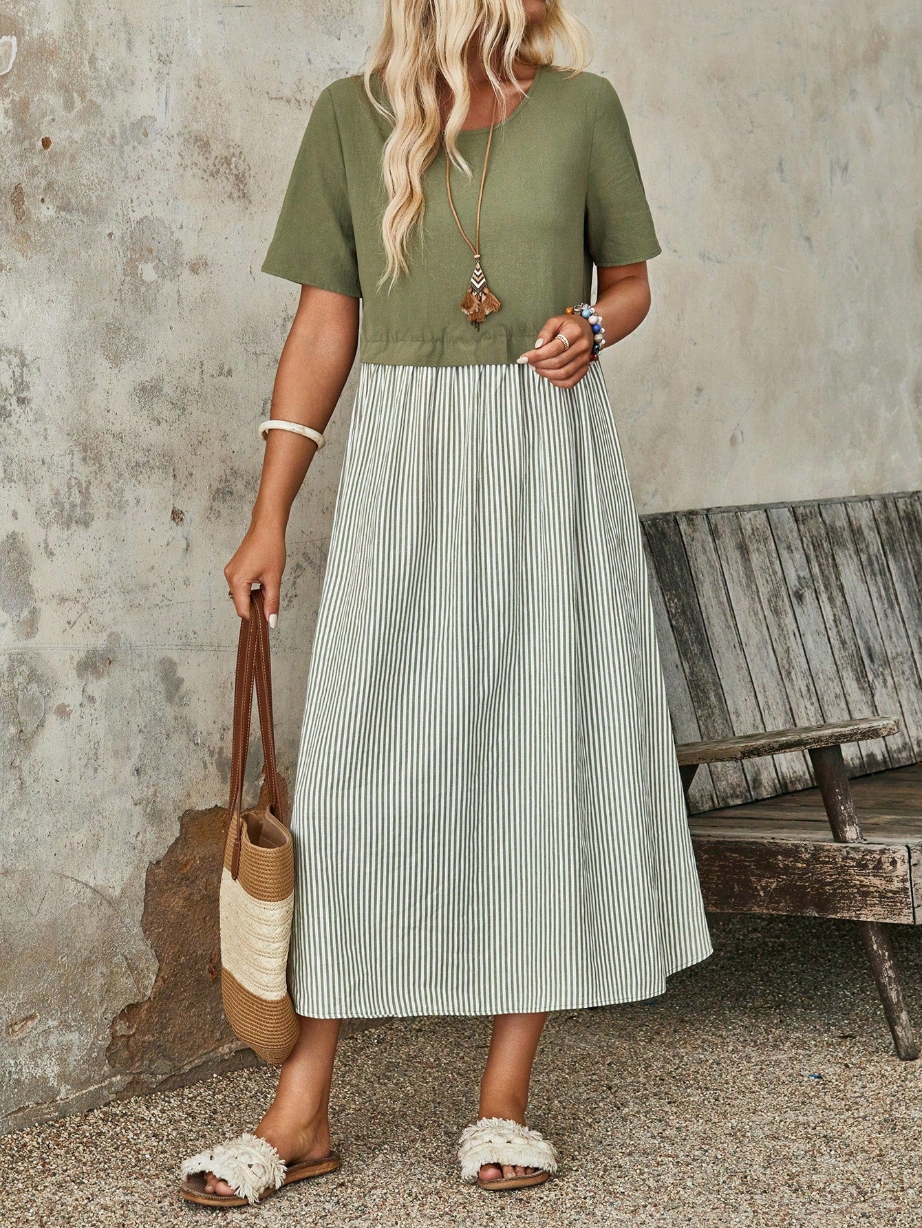 EMERY ROSE Women's Summer Stripe Round Neck Short Sleeve Casual Mid-Calf Dress