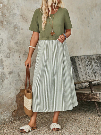EMERY ROSE Women's Summer Stripe Round Neck Short Sleeve Casual Mid-Calf Dress