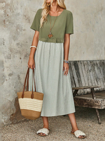 EMERY ROSE Women's Summer Stripe Round Neck Short Sleeve Casual Mid-Calf Dress