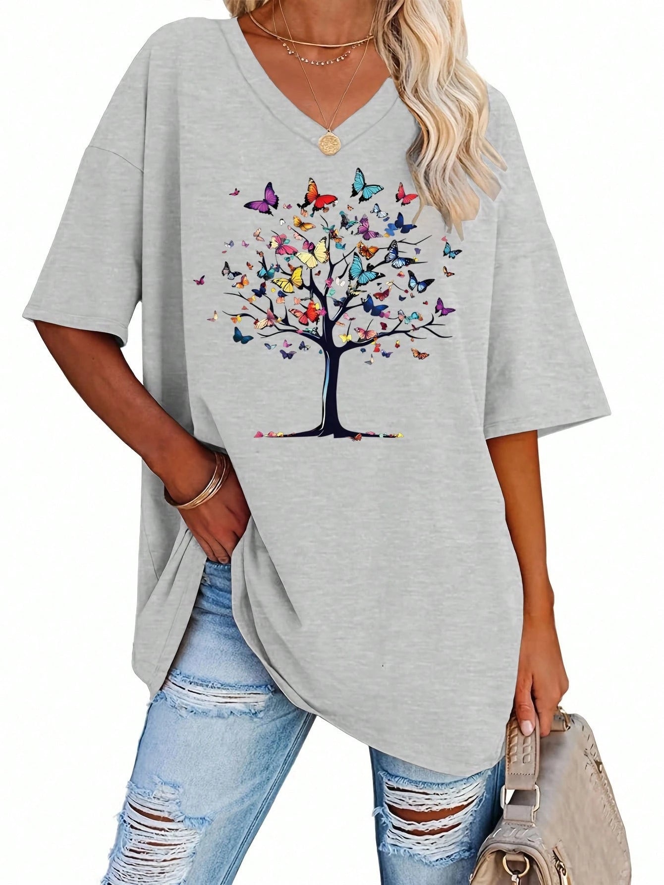EMERY ROSE Women V-Neck T-Shirt| Polyester Knit Fabric| Lightweight & Breathable| Casual| For All Seasons