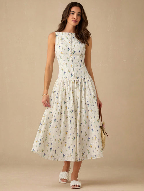 Enchnt Women's Off-White Floral Elegant Fairycore Modest Tropical Summer Long Dress, PrintEyelet Hollow Embroidery Sleeveless Sweet Dress For Brunch,Vacation