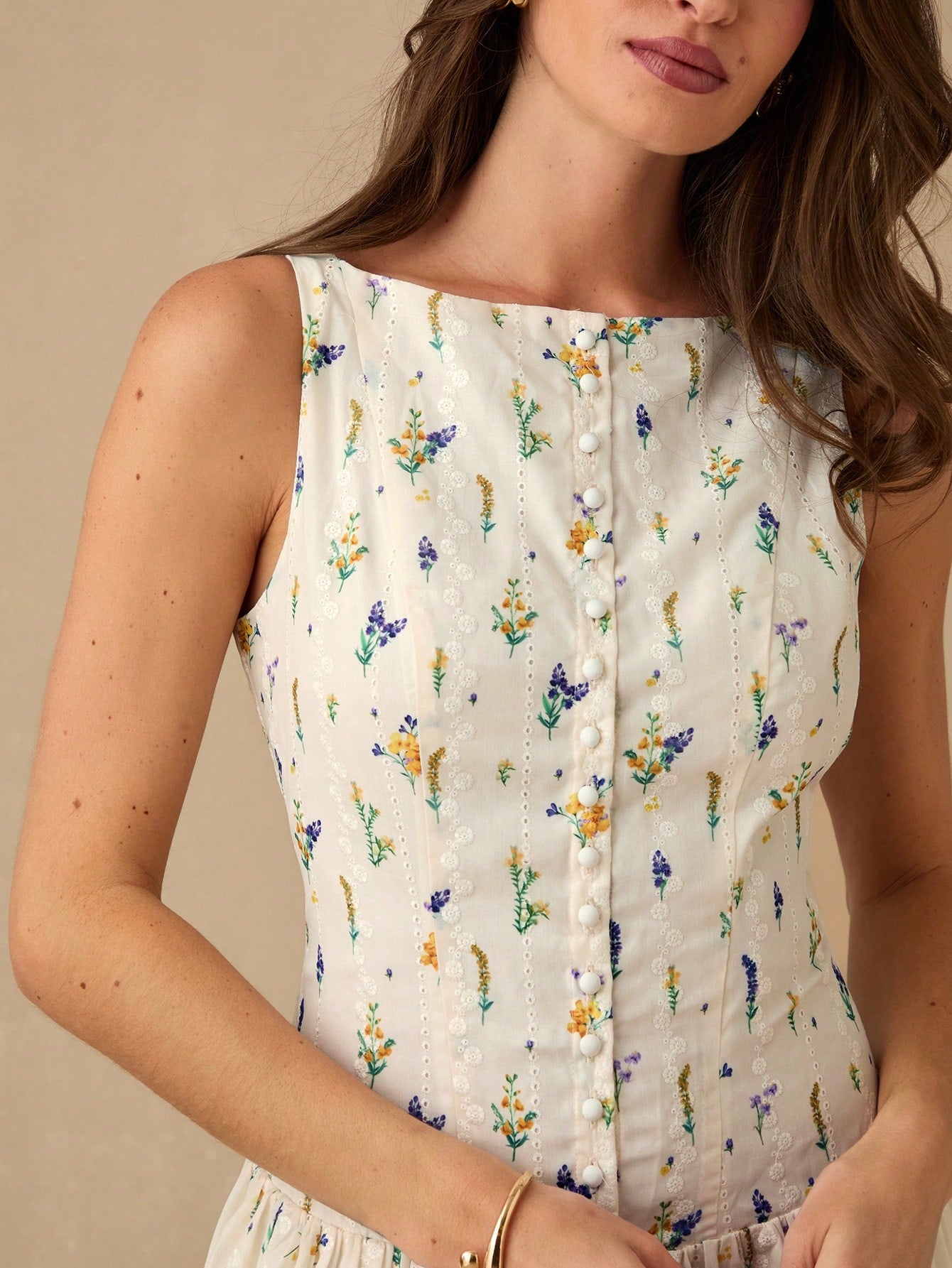 Enchnt Women's Off-White Floral Elegant Fairycore Modest Tropical Summer Long Dress, PrintEyelet Hollow Embroidery Sleeveless Sweet Dress For Brunch,Vacation