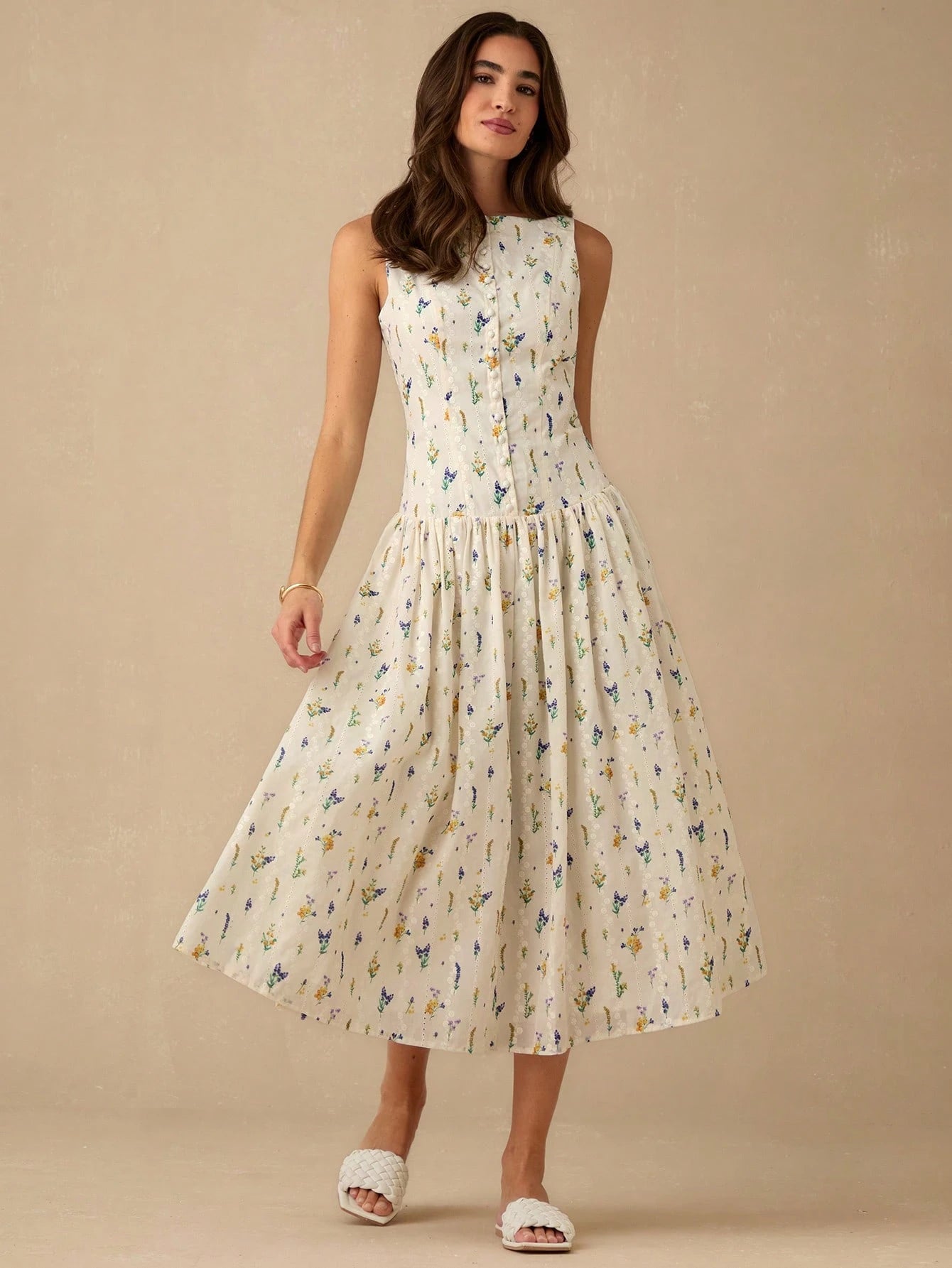 Enchnt Women's Off-White Floral Elegant Fairycore Modest Tropical Summer Long Dress, PrintEyelet Hollow Embroidery Sleeveless Sweet Dress For Brunch,Vacation