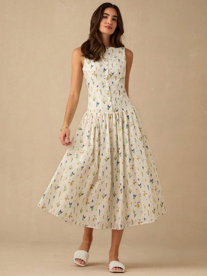 Enchnt Women's Off-White Floral Elegant Fairycore Modest Tropical Summer Long Dress, PrintEyelet Hollow Embroidery Sleeveless Sweet Dress For Brunch,Vacation
