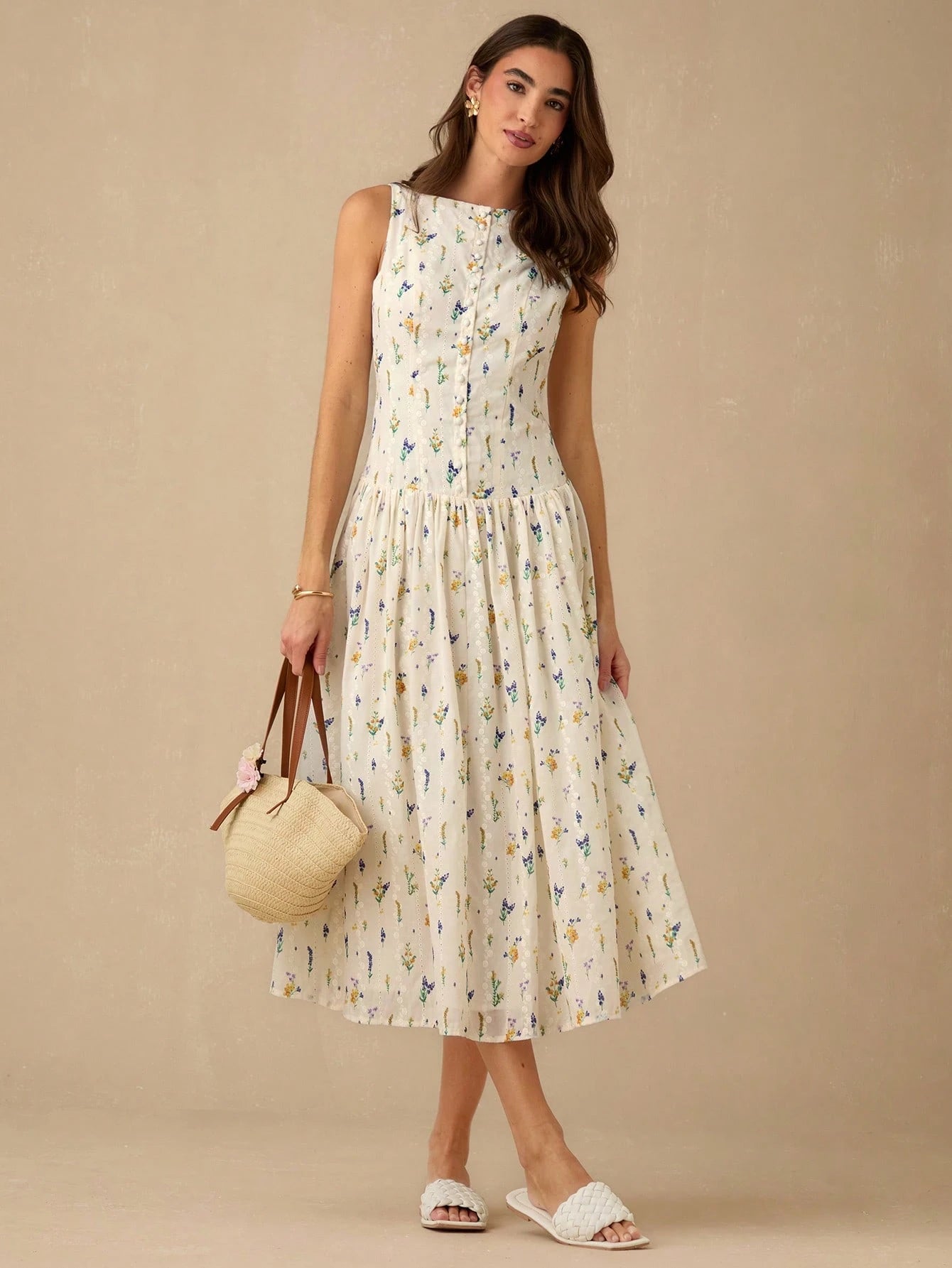 Enchnt Women's Off-White Floral Elegant Fairycore Modest Tropical Summer Long Dress, PrintEyelet Hollow Embroidery Sleeveless Sweet Dress For Brunch,Vacation