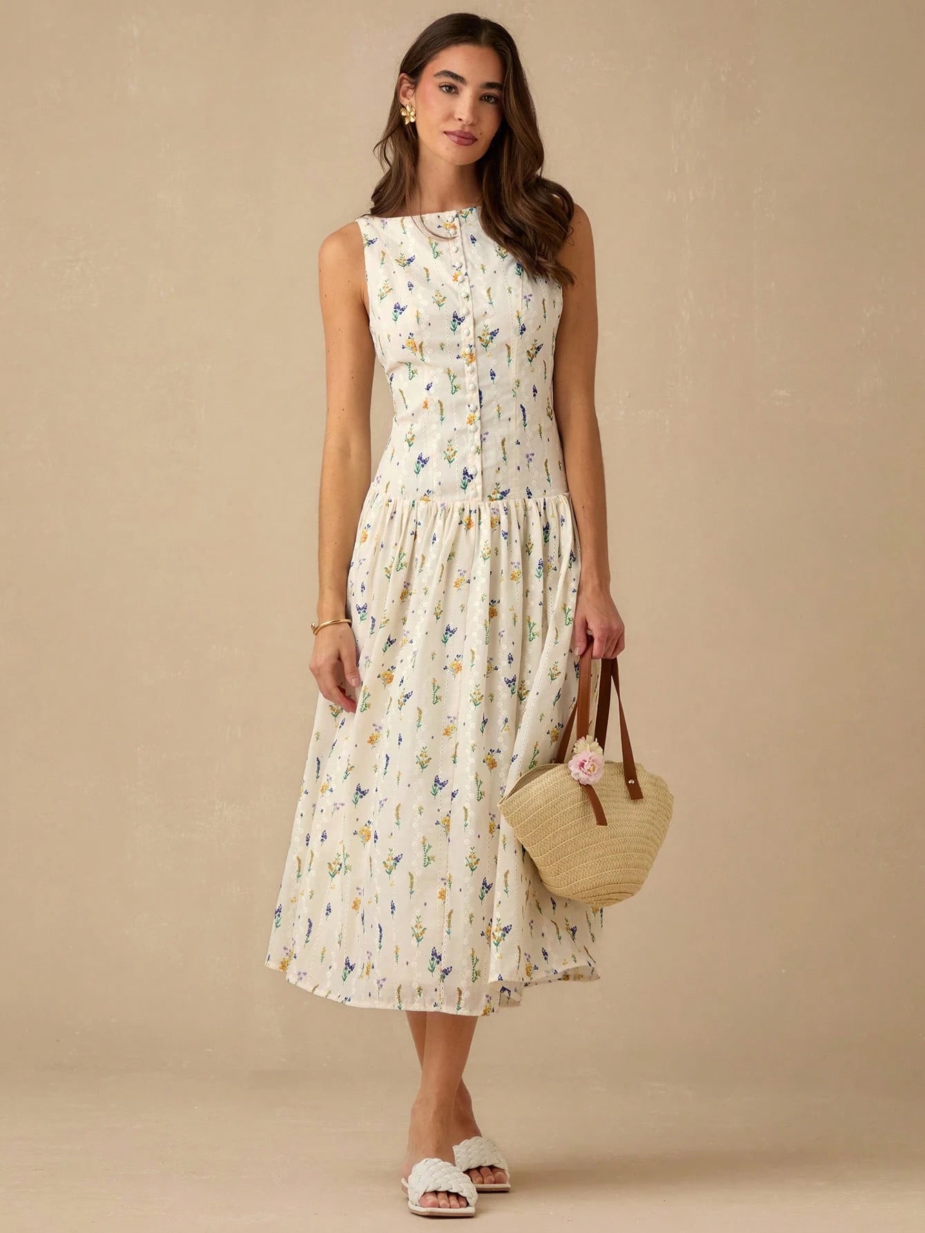 Enchnt Women's Off-White Floral Elegant Fairycore Modest Tropical Summer Long Dress, PrintEyelet Hollow Embroidery Sleeveless Sweet Dress For Brunch,Vacation