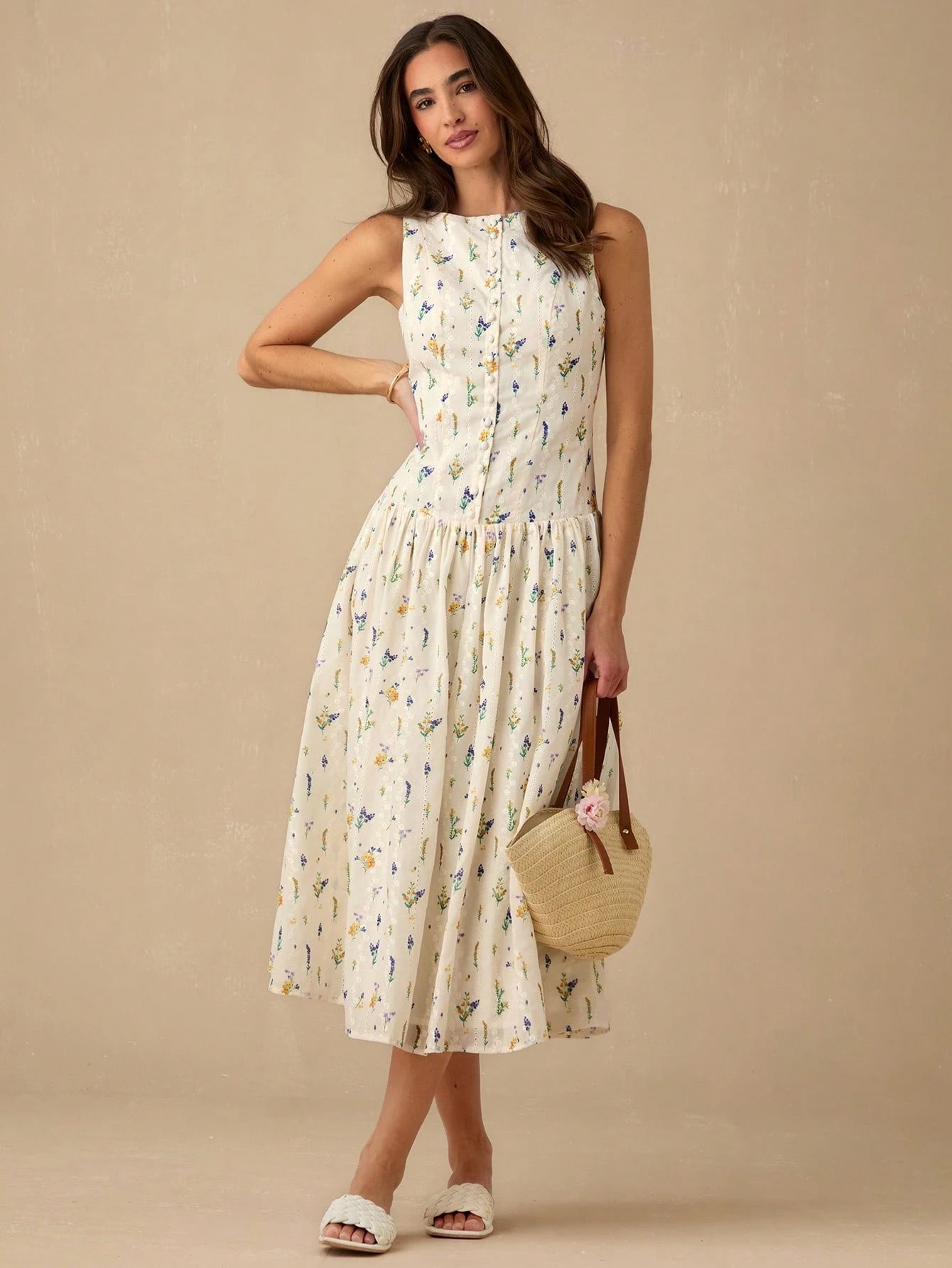 Enchnt Women's Off-White Floral Elegant Fairycore Modest Tropical Summer Long Dress, PrintEyelet Hollow Embroidery Sleeveless Sweet Dress For Brunch,Vacation