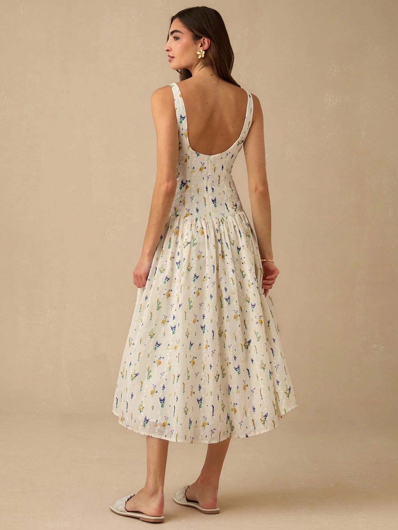 Enchnt Women's Off-White Floral Elegant Fairycore Modest Tropical Summer Long Dress, PrintEyelet Hollow Embroidery Sleeveless Sweet Dress For Brunch,Vacation