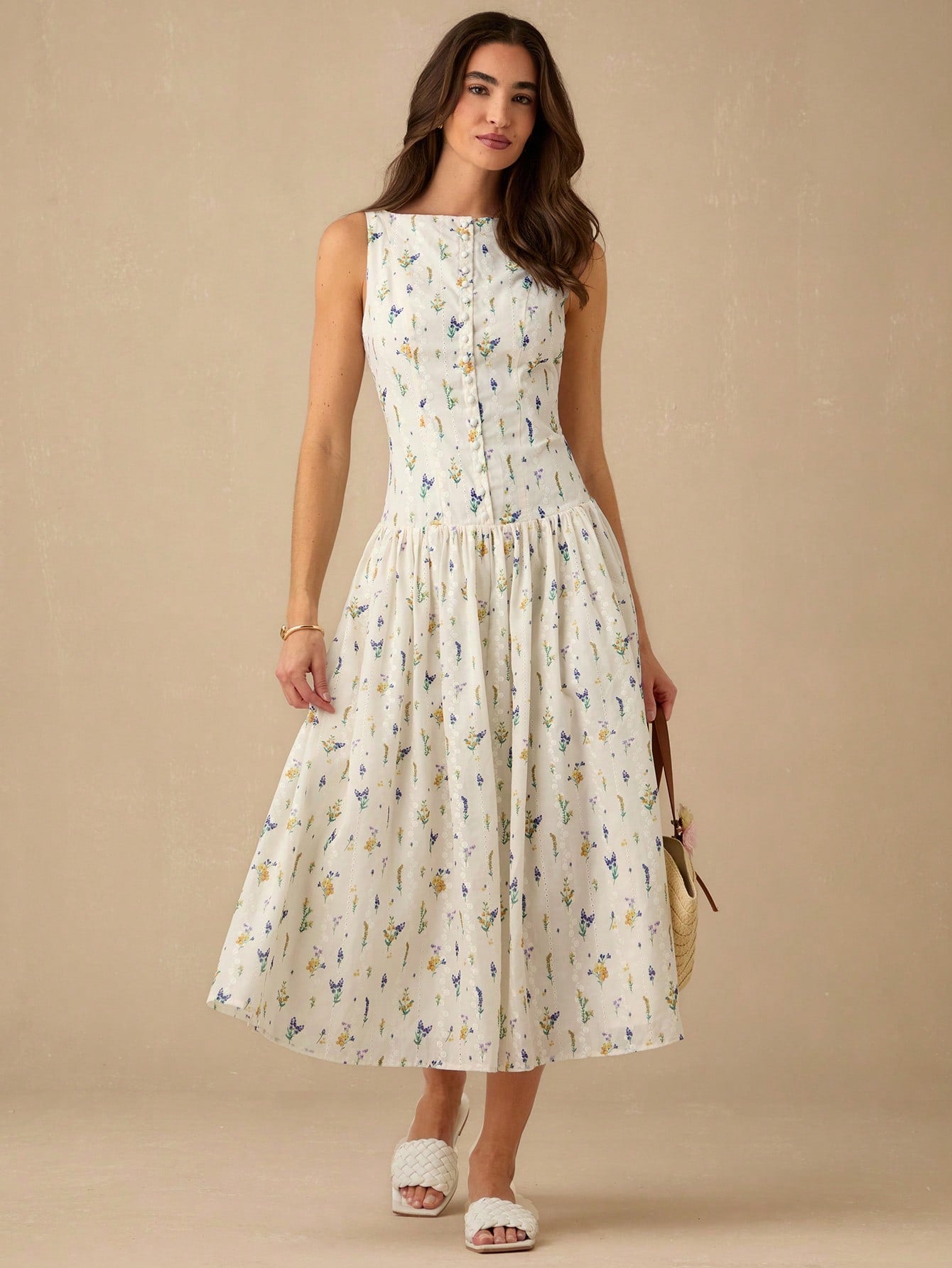 Enchnt Women's Off-White Floral Elegant Fairycore Modest Tropical Summer Long Dress, PrintEyelet Hollow Embroidery Sleeveless Sweet Dress For Brunch,Vacation