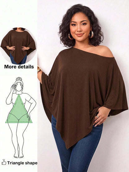 Enliva Plus-Size Knitted One-Shoulder Asymmetrical Pleated Cape Top
