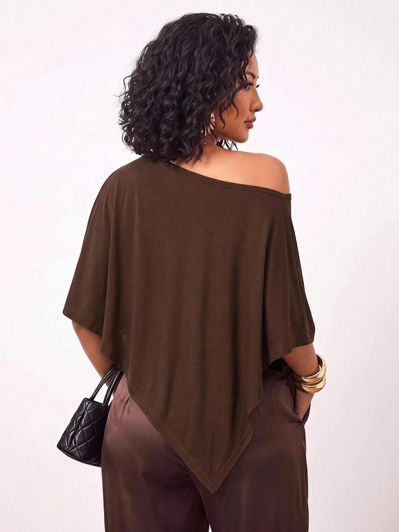 Enliva Plus-Size Knitted One-Shoulder Asymmetrical Pleated Cape Top