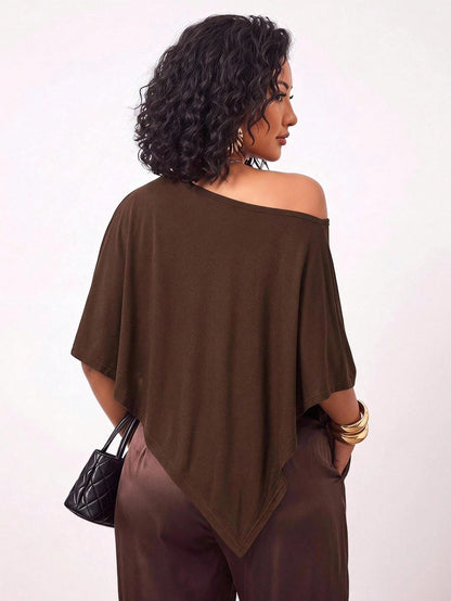 Enliva Plus-Size Knitted One-Shoulder Asymmetrical Pleated Cape Top