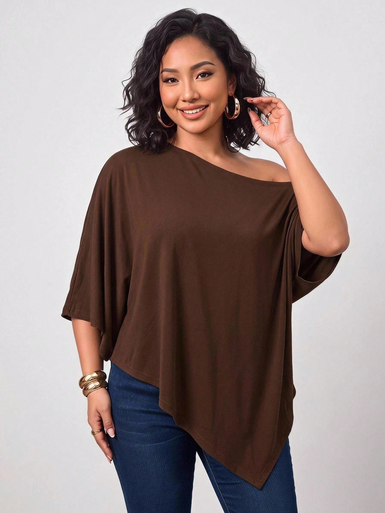 Enliva Plus-Size Knitted One-Shoulder Asymmetrical Pleated Cape Top