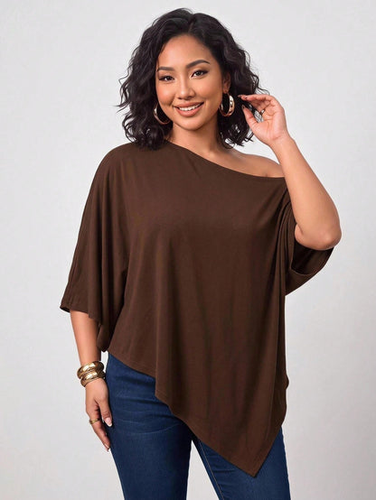 Enliva Plus-Size Knitted One-Shoulder Asymmetrical Pleated Cape Top